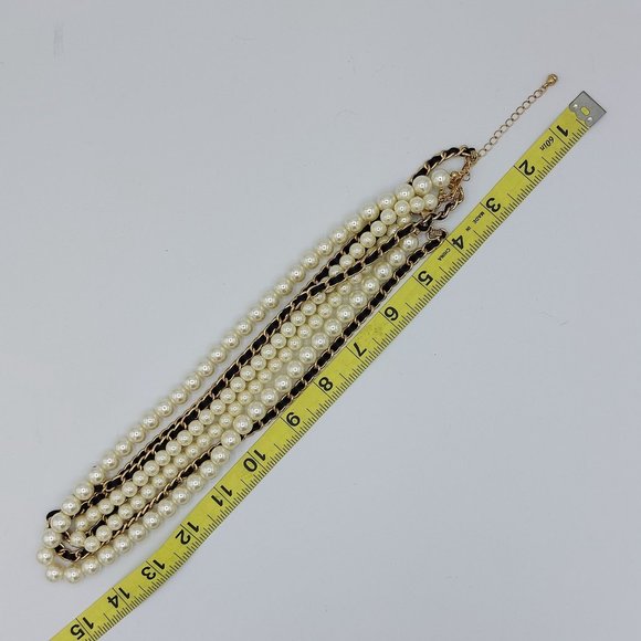 Faux Pearl Necklace 4 Strand Gold Toned Chains Laced - Picture 9 of 9